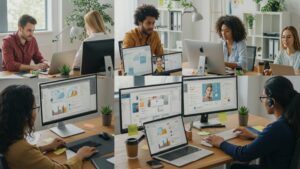 Diverse remote workers in different home office setups collaborating on shared cloud documents — modern interfaces visible on screens by pixlelo.com Variation 95