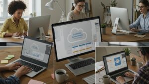 Diverse remote workers in different home office setups collaborating on shared cloud documents — modern interfaces visible on screens by pixlelo.com Variation 96