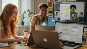Diverse remote workers in different home office setups collaborating on shared cloud documents — modern interfaces visible on screens by pixlelo.com Variation 97
