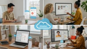 Diverse remote workers in different home office setups collaborating on shared cloud documents — modern interfaces visible on screens by pixlelo.com Variation 98