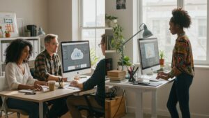 Diverse remote workers in different home office setups collaborating on shared cloud documents — modern interfaces visible on screens by pixlelo.com Variation 99