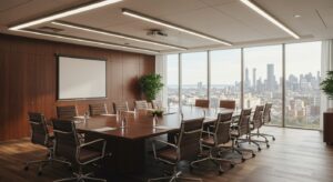 Elegant boardroom with large meeting table, city view through glass windows, Pixlelo.com Variation 100