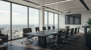 Elegant boardroom with large meeting table, city view through glass windows, Pixlelo.com Variation 90