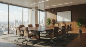 Elegant boardroom with large meeting table, city view through glass windows, Pixlelo.com Variation 93