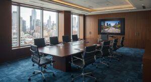 Elegant boardroom with large meeting table, city view through glass windows, Pixlelo.com Variation 96