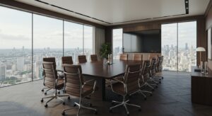 Elegant boardroom with large meeting table, city view through glass windows, Pixlelo.com Variation 97