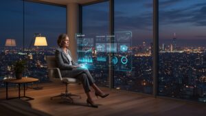 Executive in a glass penthouse overlooking a city, viewing multi cloud provider comparisons on a floating dashboard by pixlelo.com Variation 58