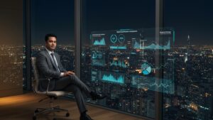 Executive in a glass penthouse overlooking a city, viewing multi cloud provider comparisons on a floating dashboard by pixlelo.com Variation 62