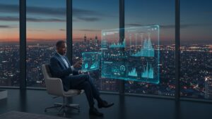 Executive in a glass penthouse overlooking a city, viewing multi cloud provider comparisons on a floating dashboard by pixlelo.com Variation 66