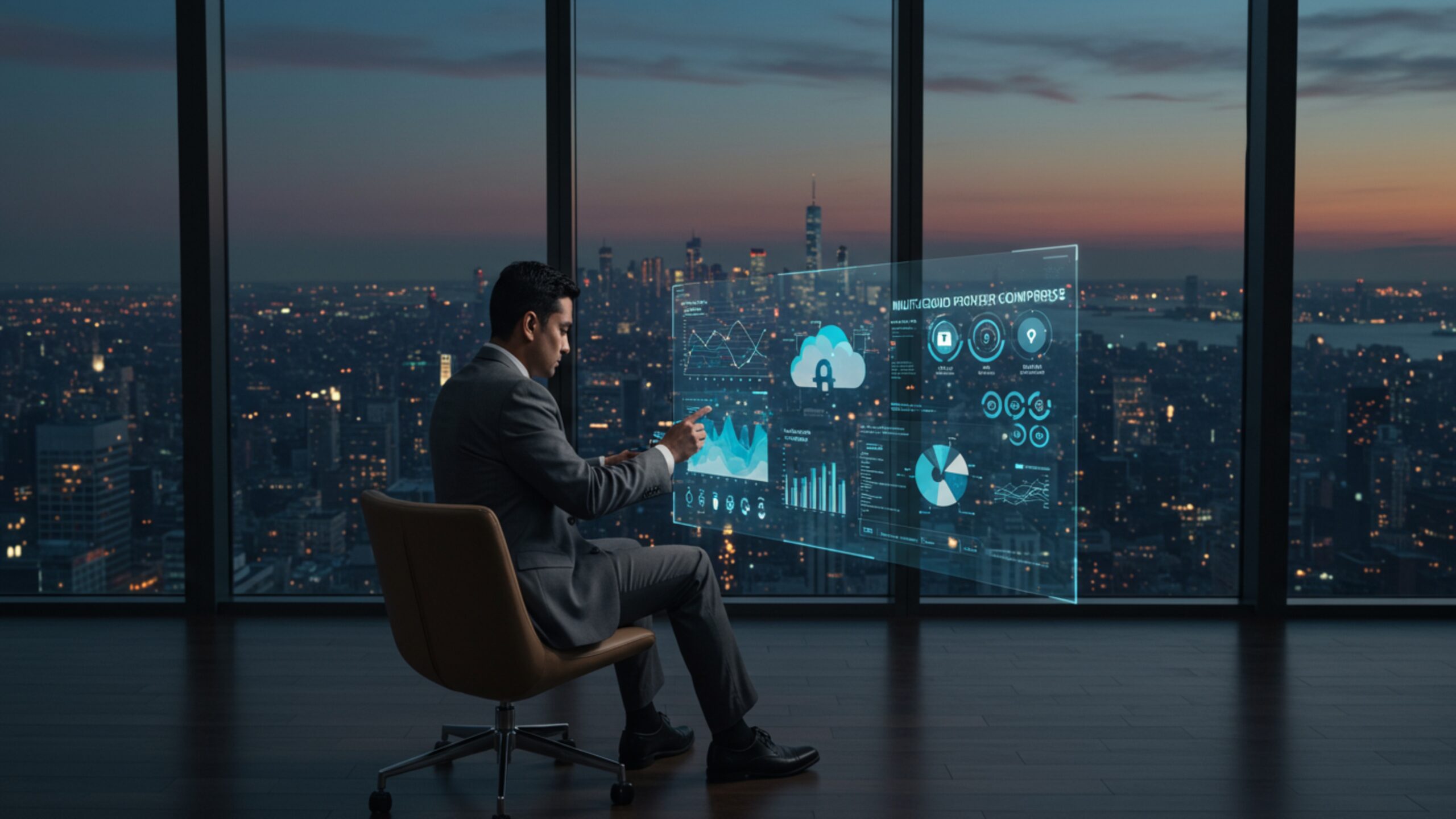 Download Executive Viewing Multi-Cloud Dashboard in Glass Penthouse – 100 AI-Generated 4K JPGs (Royalty-Free)