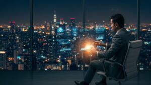 Executive in a glass penthouse overlooking a city, viewing multi cloud provider comparisons on a floating dashboard by pixlelo.com Variation 77