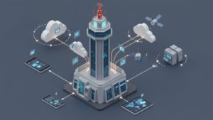 Futuristic control tower with data flows between cloud regions, satellites, and user devices, all in clean 3D isometric style by pixlelo.com Variation 36