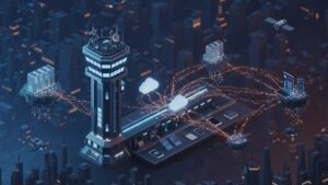 Futuristic control tower with data flows between cloud regions, satellites, and user devices, all in clean 3D isometric style by pixlelo.com Variation 39