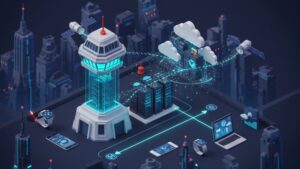Futuristic control tower with data flows between cloud regions, satellites, and user devices, all in clean 3D isometric style by pixlelo.com Variation 43