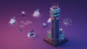 Futuristic control tower with data flows between cloud regions, satellites, and user devices, all in clean 3D isometric style by pixlelo.com Variation 49