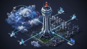 Futuristic control tower with data flows between cloud regions, satellites, and user devices, all in clean 3D isometric style by pixlelo.com Variation 52
