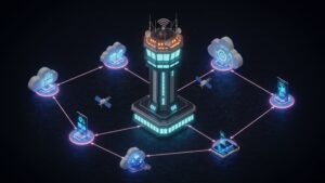 Futuristic control tower with data flows between cloud regions, satellites, and user devices, all in clean 3D isometric style by pixlelo.com Variation 55