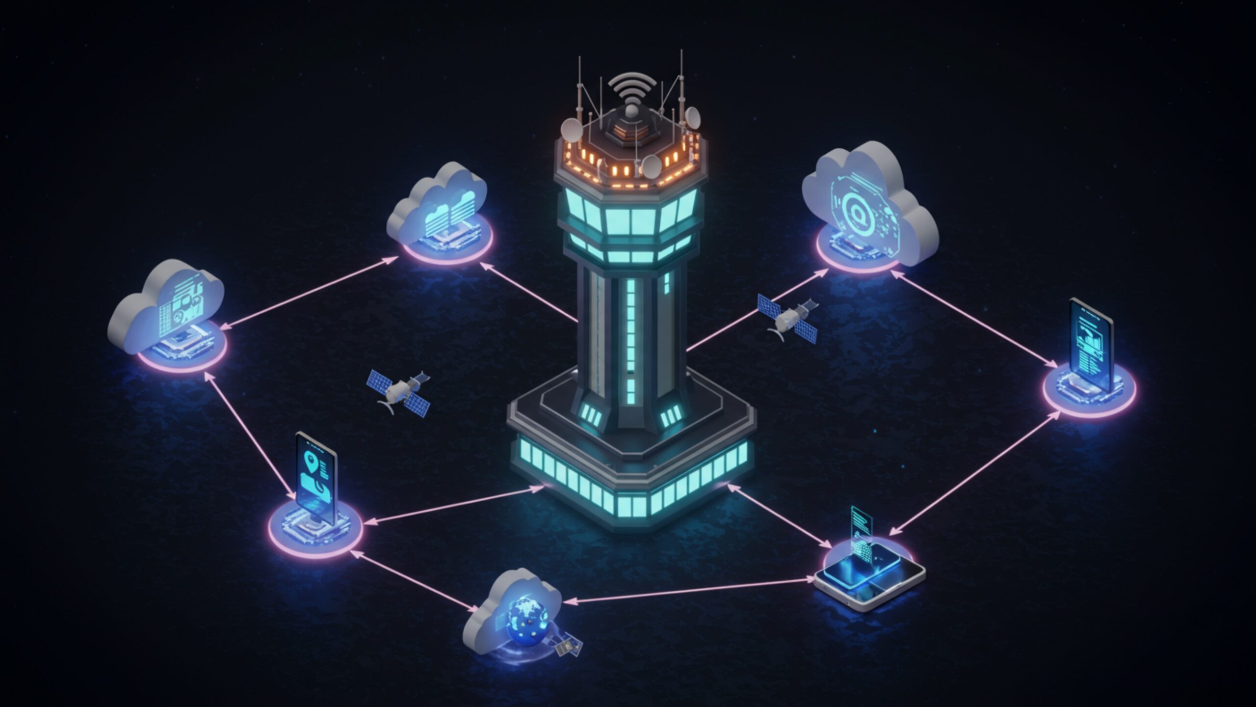 Download Futuristic Control Tower with Cloud Data Flows – 100 AI-Generated 4K JPGs (Royalty-Free)