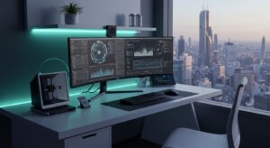 Futuristic workspace with curved monitor, ambient RGB lights, tech accessories, pixlelo.com Variation 82