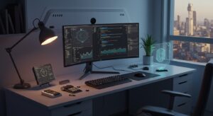 Futuristic workspace with curved monitor, ambient RGB lights, tech accessories, pixlelo.com Variation 83