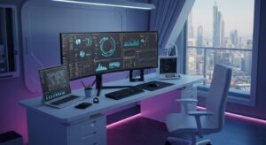 Futuristic workspace with curved monitor, ambient RGB lights, tech accessories, pixlelo.com Variation 84