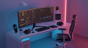Futuristic workspace with curved monitor, ambient RGB lights, tech accessories, pixlelo.com Variation 85