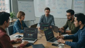 Group of tech professionals in casual attire sitting around laptops, cloud monitoring dashboards on screens, whiteboard with cloud architecture behind them — modern workspace by pixlelo.com Variation 97