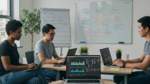 Group of tech professionals in casual attire sitting around laptops, cloud monitoring dashboards on screens, whiteboard with cloud architecture behind them — modern workspace by pixlelo.com Variation 99