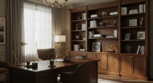 Luxury executive office with a built in wooden bookshelf, 8k variapix.com Variation 01