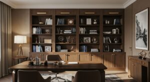 Luxury executive office with a built in wooden bookshelf, 8k variapix.com Variation 100