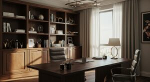 Luxury executive office with a built in wooden bookshelf, 8k variapix.com Variation 20