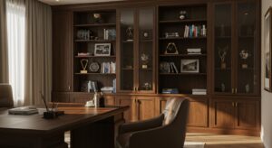 Luxury executive office with a built in wooden bookshelf, 8k variapix.com Variation 32