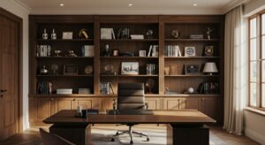 Luxury executive office with a built in wooden bookshelf, 8k variapix.com Variation 45
