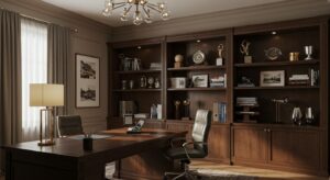 Luxury executive office with a built in wooden bookshelf, 8k variapix.com Variation 55