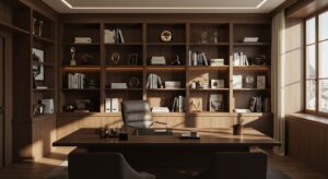 Luxury executive office with a built in wooden bookshelf, 8k variapix.com Variation 65