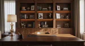 Luxury executive office with a built in wooden bookshelf, 8k variapix.com Variation 72