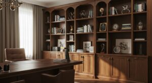 Luxury executive office with a built in wooden bookshelf, 8k variapix.com Variation 82