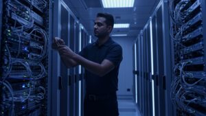 Male engineer in data center adjusting server rack with glowing ambient lights — clean high tech background, no text or dashboard visible by pixlelo.com Variation 01