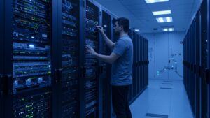 Male engineer in data center adjusting server rack with glowing ambient lights — clean high tech background, no text or dashboard visible by pixlelo.com Variation 02