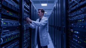 Male engineer in data center adjusting server rack with glowing ambient lights — clean high tech background, no text or dashboard visible by pixlelo.com Variation 03
