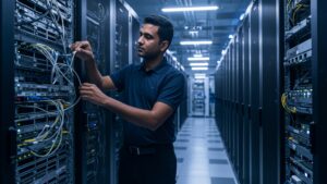 Male engineer in data center adjusting server rack with glowing ambient lights — clean high tech background, no text or dashboard visible by pixlelo.com Variation 05