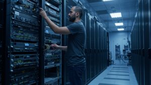Male engineer in data center adjusting server rack with glowing ambient lights — clean high tech background, no text or dashboard visible by pixlelo.com Variation 06