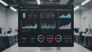 Minimal UI screen showing CPU, memory, uptime, and network metrics of cloud servers — clean flat dashboard, office background blurred by pixlelo.com Variation 79