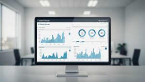 Minimal UI screen showing CPU, memory, uptime, and network metrics of cloud servers — clean flat dashboard, office background blurred by pixlelo.com Variation 82