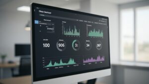 Minimal UI screen showing CPU, memory, uptime, and network metrics of cloud servers — clean flat dashboard, office background blurred by pixlelo.com Variation 88
