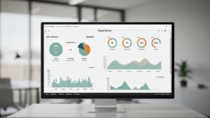 Minimal UI screen showing CPU, memory, uptime, and network metrics of cloud servers — clean flat dashboard, office background blurred by pixlelo.com Variation 99