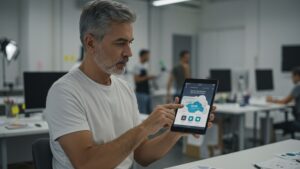 Mobile first UI designer in a studio previewing an app that syncs across multiple clouds, with real time updates on tablet by pixlelo.com Variation 87