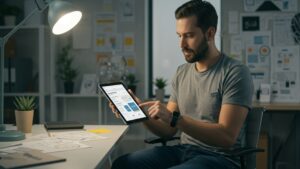 Mobile first UI designer in a studio previewing an app that syncs across multiple clouds, with real time updates on tablet by pixlelo.com Variation 94