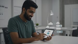 Mobile first UI designer in a studio previewing an app that syncs across multiple clouds, with real time updates on tablet by pixlelo.com Variation 99