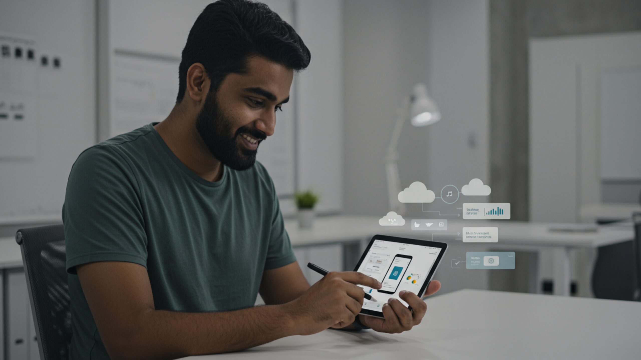 Download Mobile-First UI Designer Previewing Multi-Cloud App – 100 AI-Generated 4K JPGs (Royalty-Free)